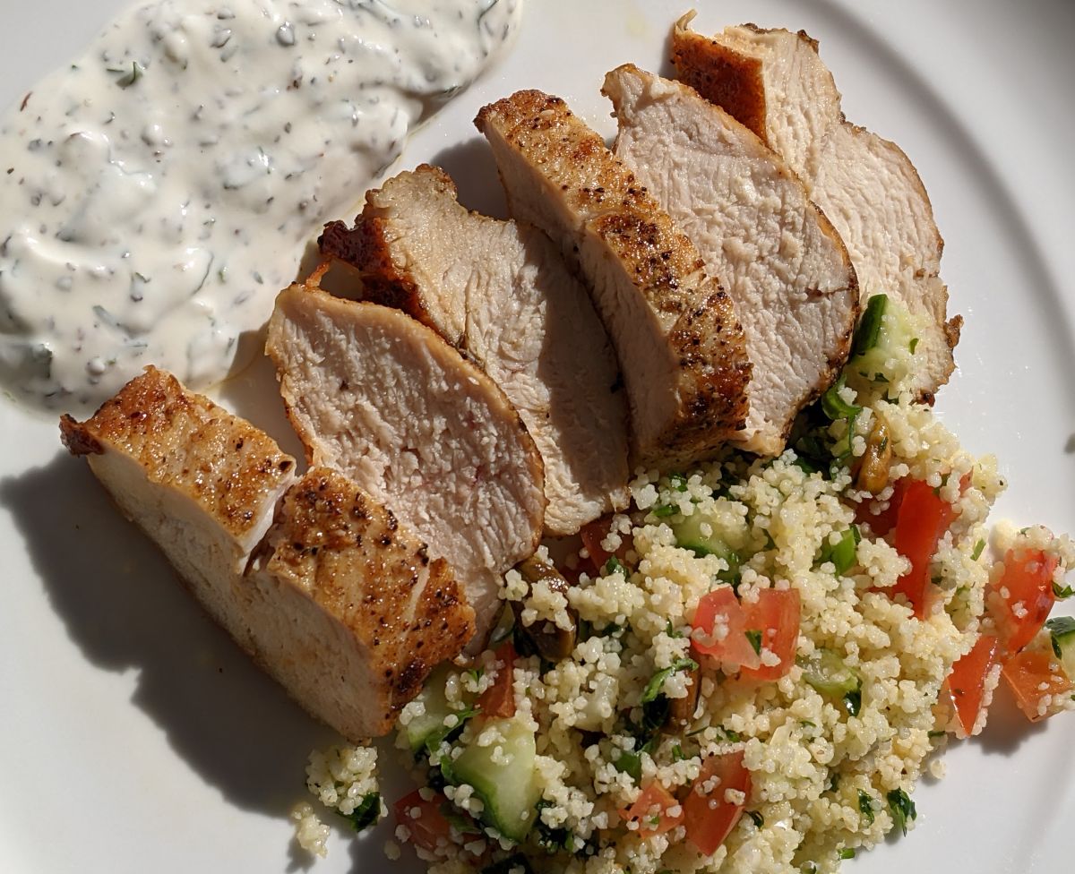 Chicken Breasts with Couscous and Parsley Yogurt Pesto