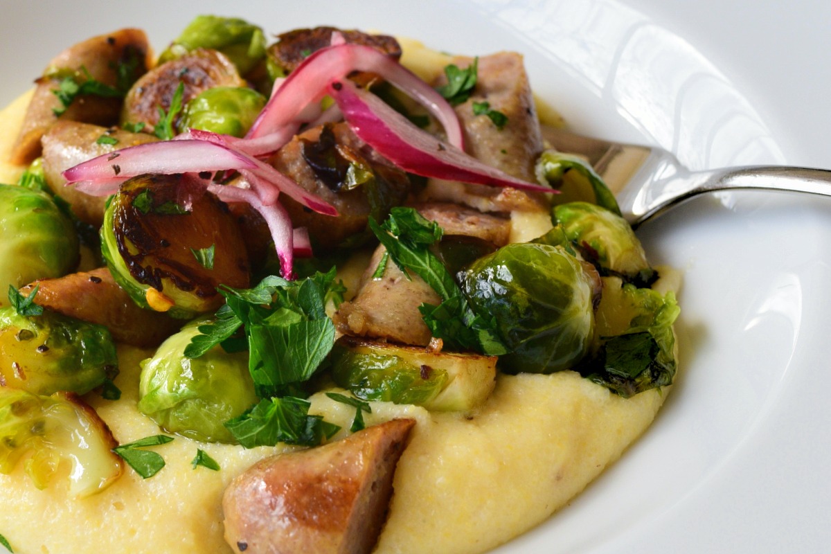 Roasted Brussels Sprouts with Spicy Sausage and Pickled Red Onion