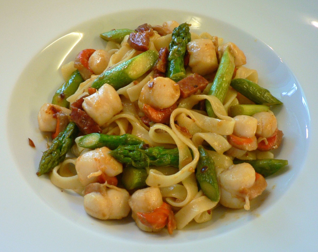 Tagliatelli with Scallops Chorizo and Asparagus Recipe