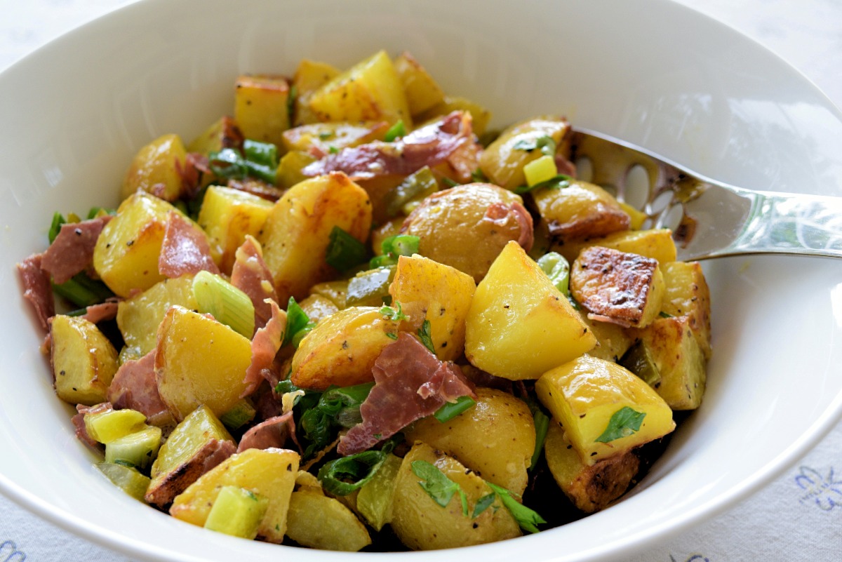 Roasted Potato Salad with Cornichons and Prosciutto Shards