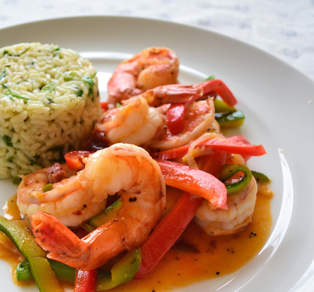 Shrimps in Chiplote Sauce with Zucchini and Chorizo