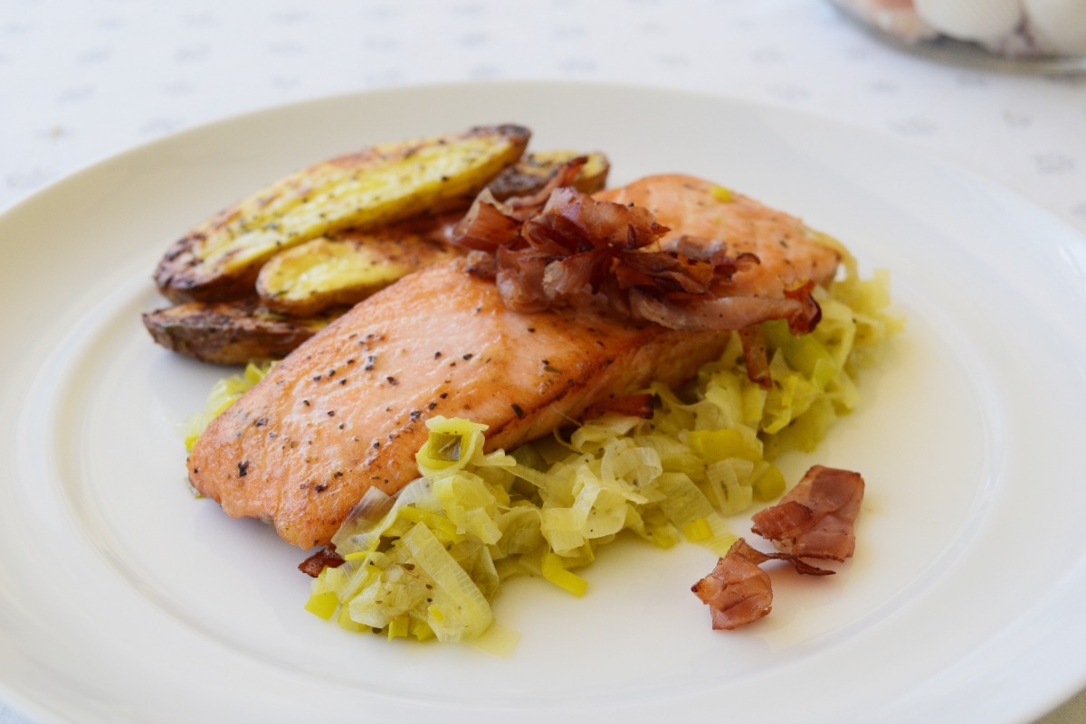 Roasted Salmon with Speck and Leeks