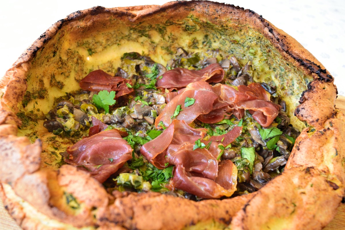Savory Dutch Baby with Mushrooms, Leeks and Prosciutto Crisps