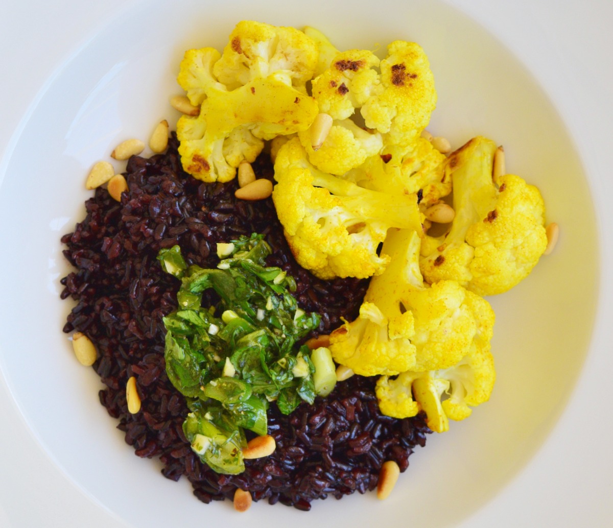 Black Rice with Tumeric Roasted Cauliflower and Salsa Verde