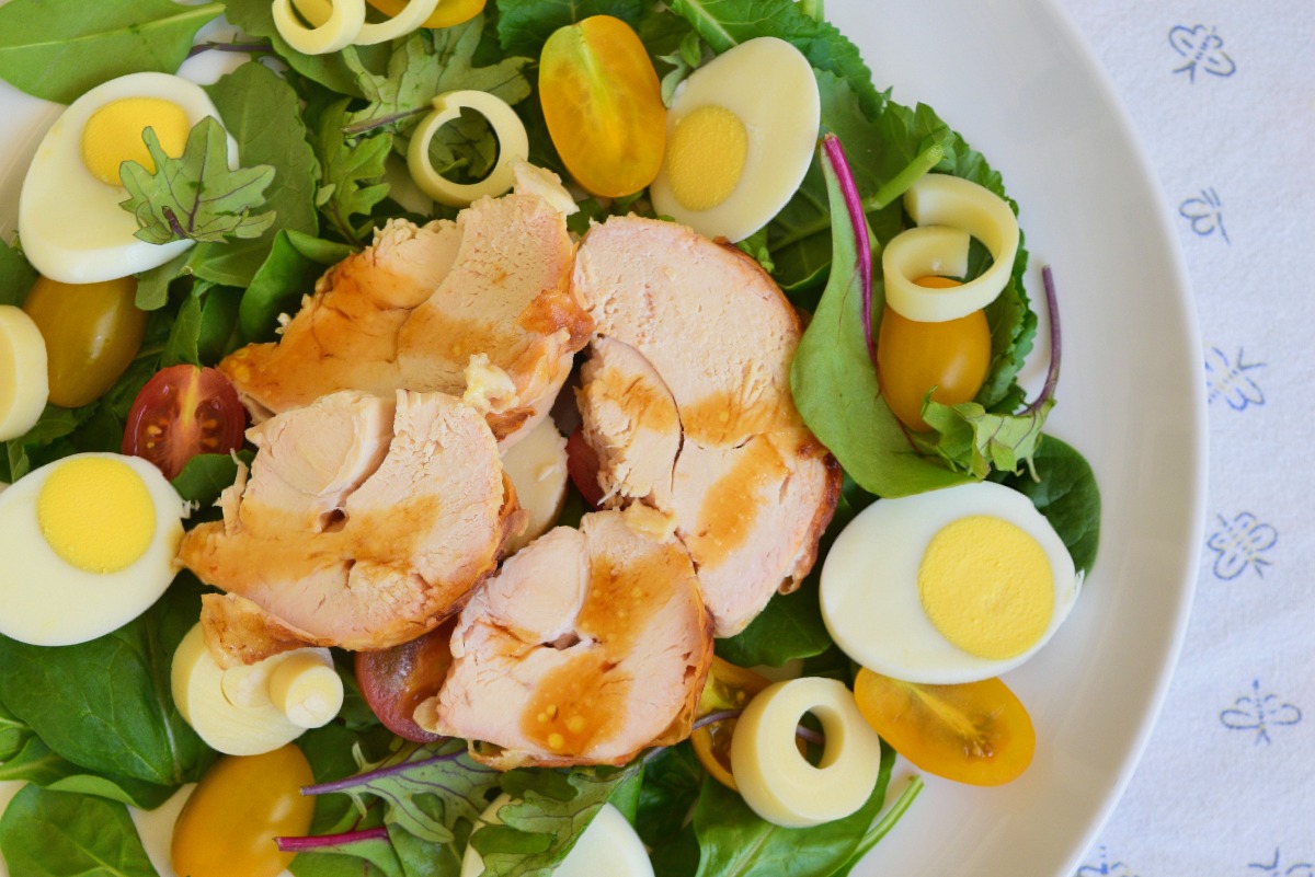 Salad Greens with Roasted Chicken, Hearts of Palm and Miso-Ginger Dressing