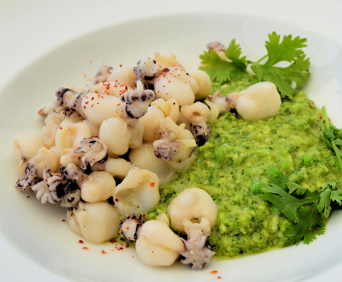 Squid with Pea Avocado Purée