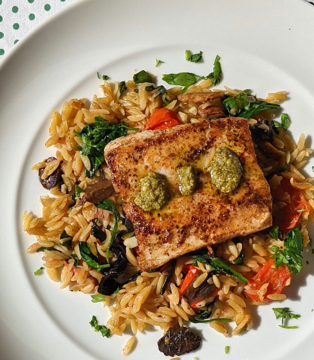 Mahi-Mahi with Spinach and Mushroom Orzo Recipe