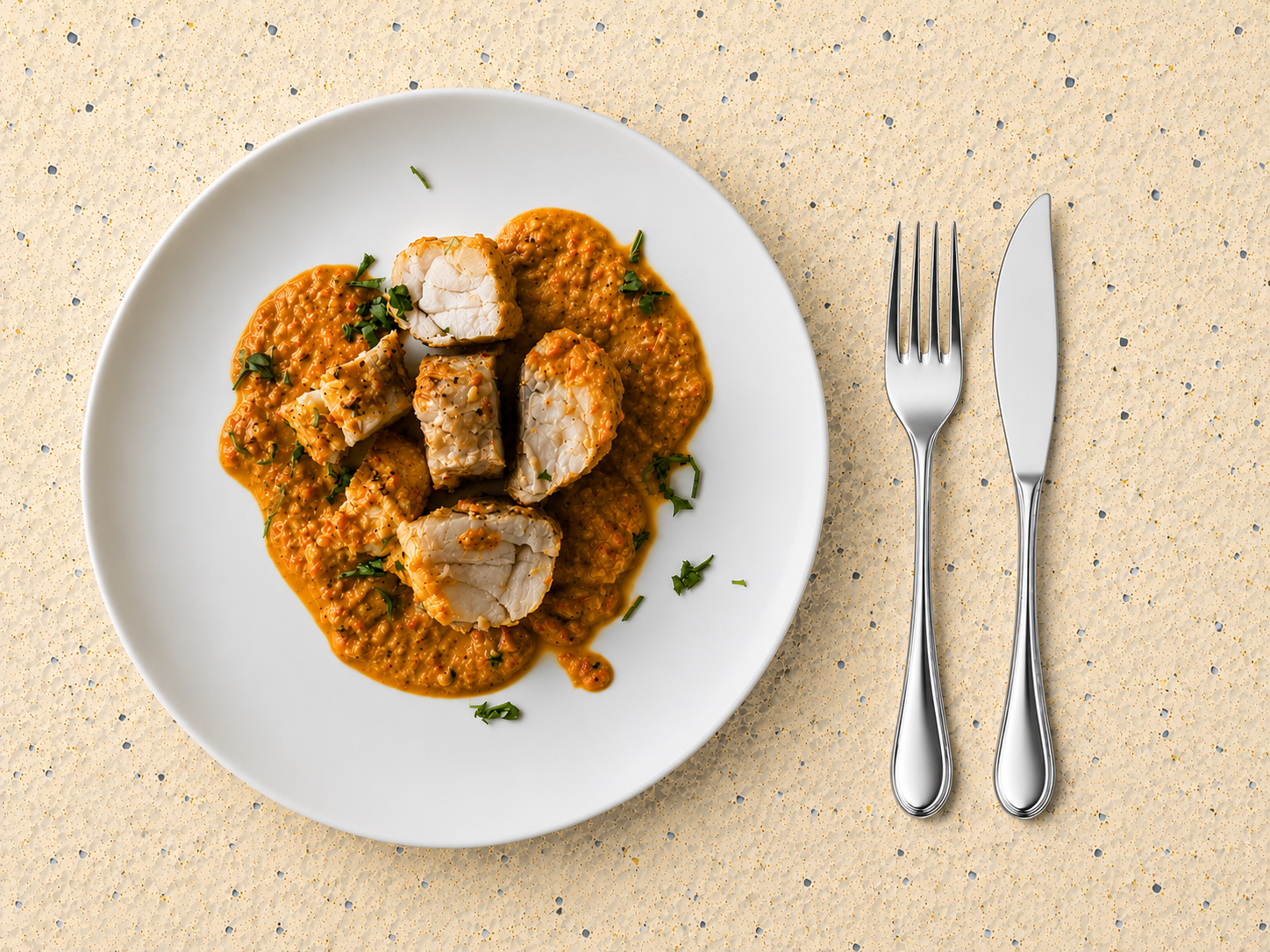 Braised Monkfish in Red Pepper Almond Sauce