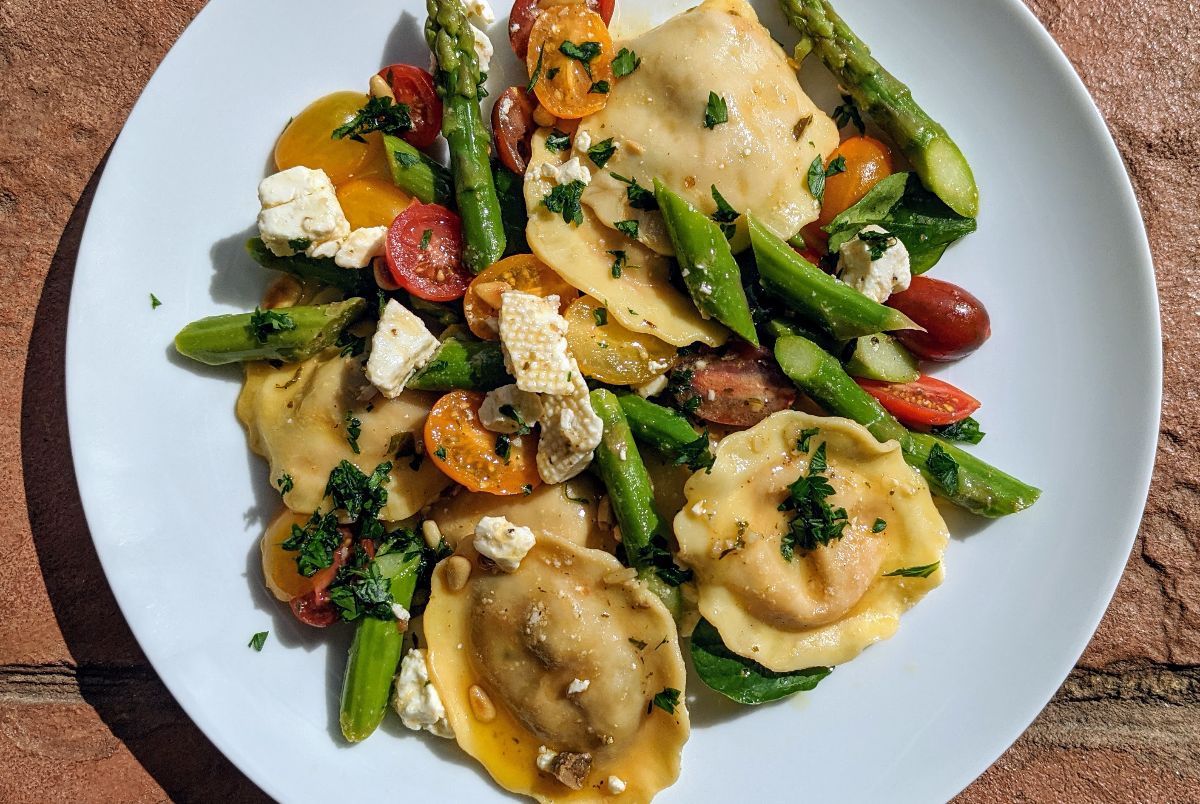 Ravioli Salad with Marinated Feta and Asparagus
