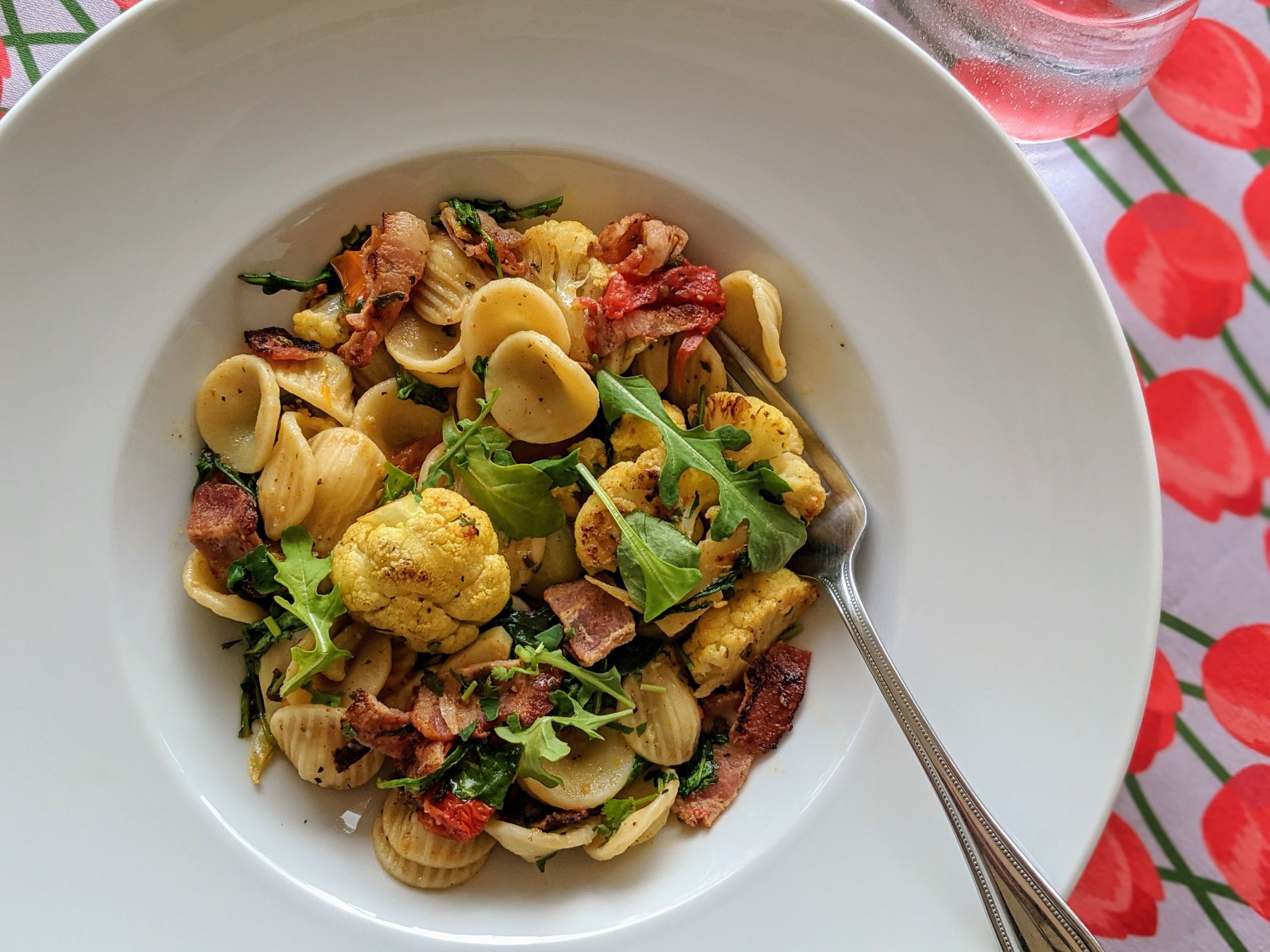 Orecchiette with Roasted Cauliflower, Cherry Tomatoes and Pancetta