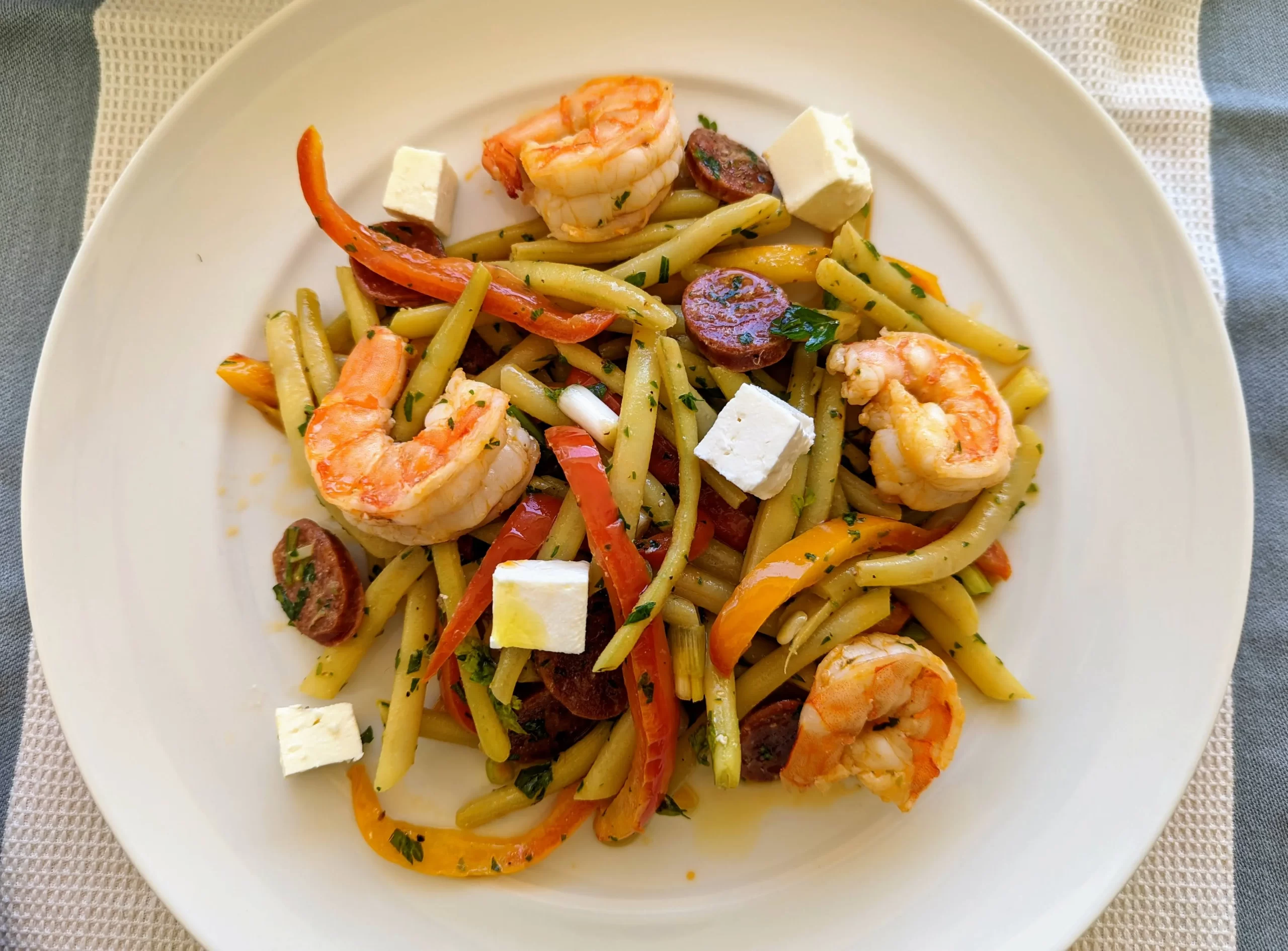 Wax Bean Salad with Shrimps and Chorizo