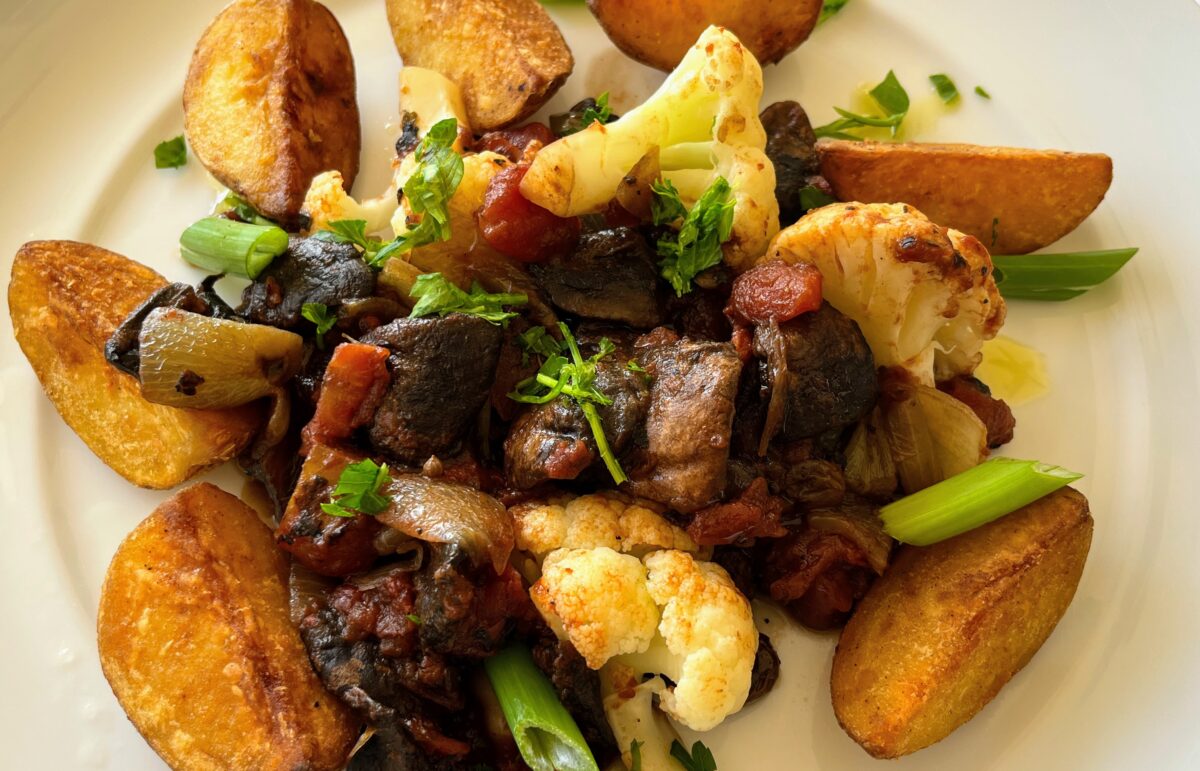 Greek Mushroom Stifado with Roasted Lemon Potatoes